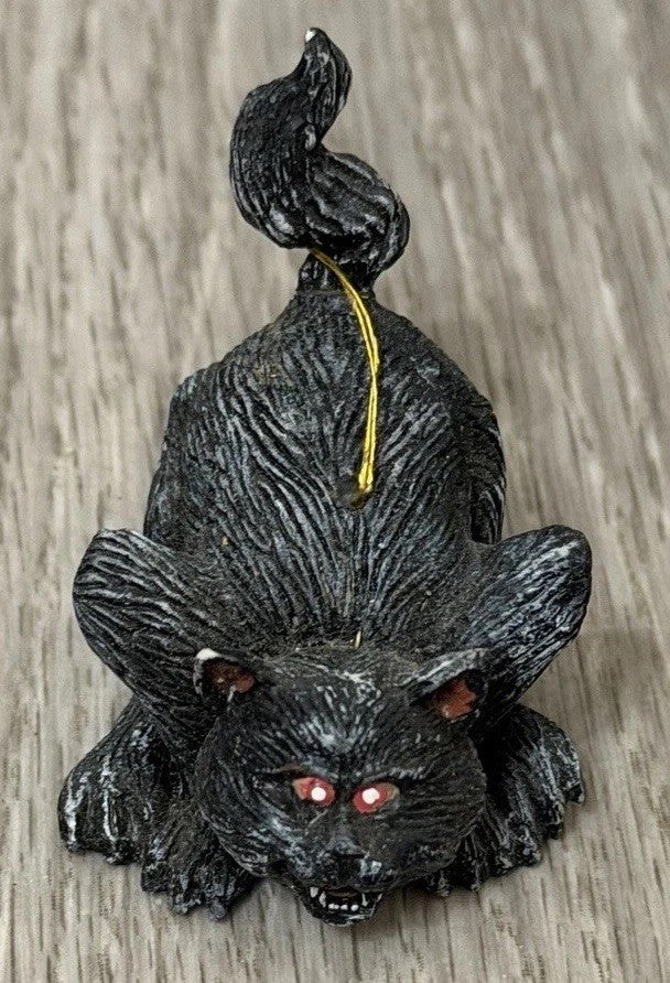 Vintage Small 1.75" Scary Resin Black Cat Hanging Ornament