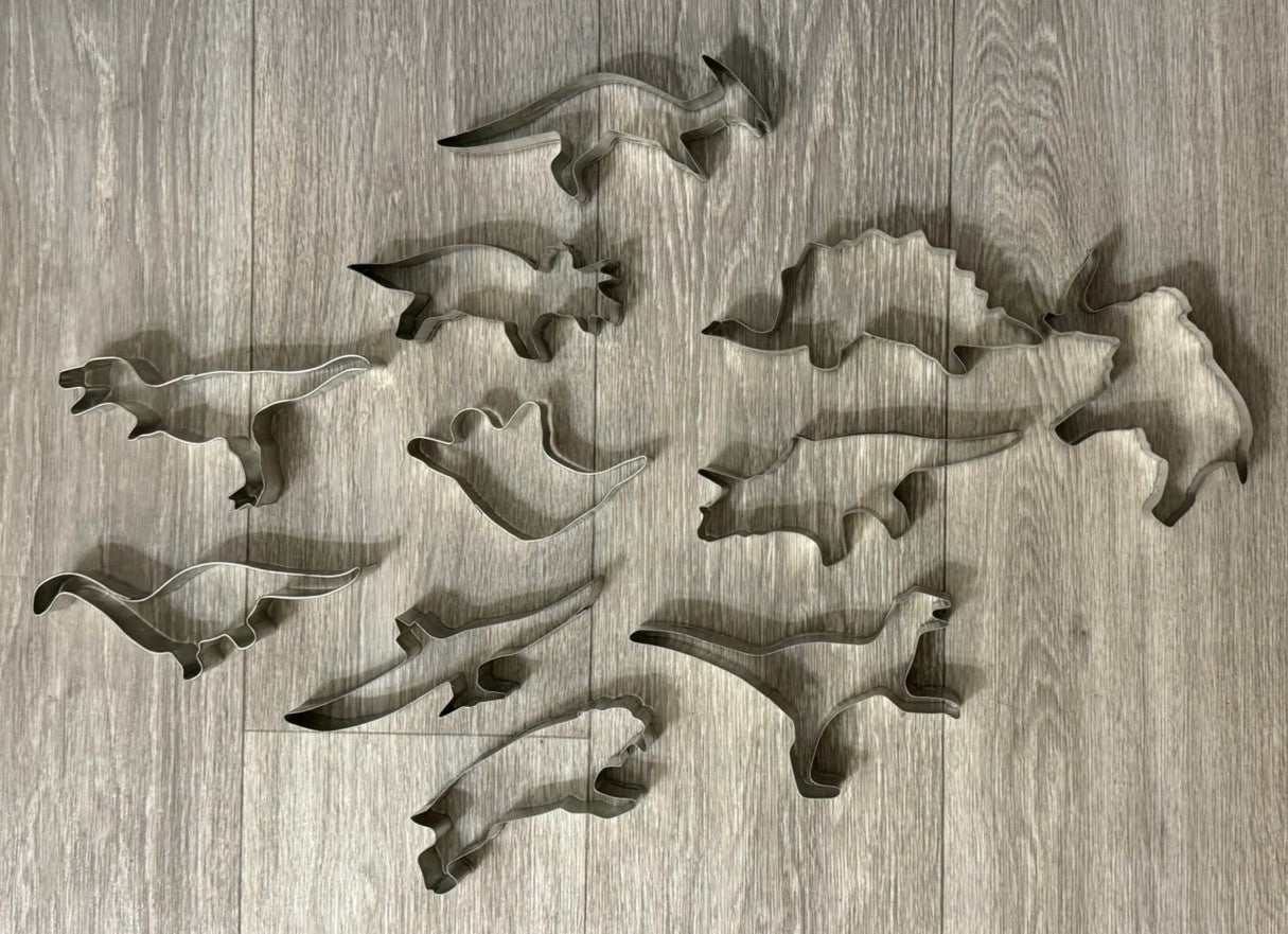 Vintage Cookie Cutters Dinosaur / Prehistoric + 1 Ghost Set of 11 4.5-6" Metal