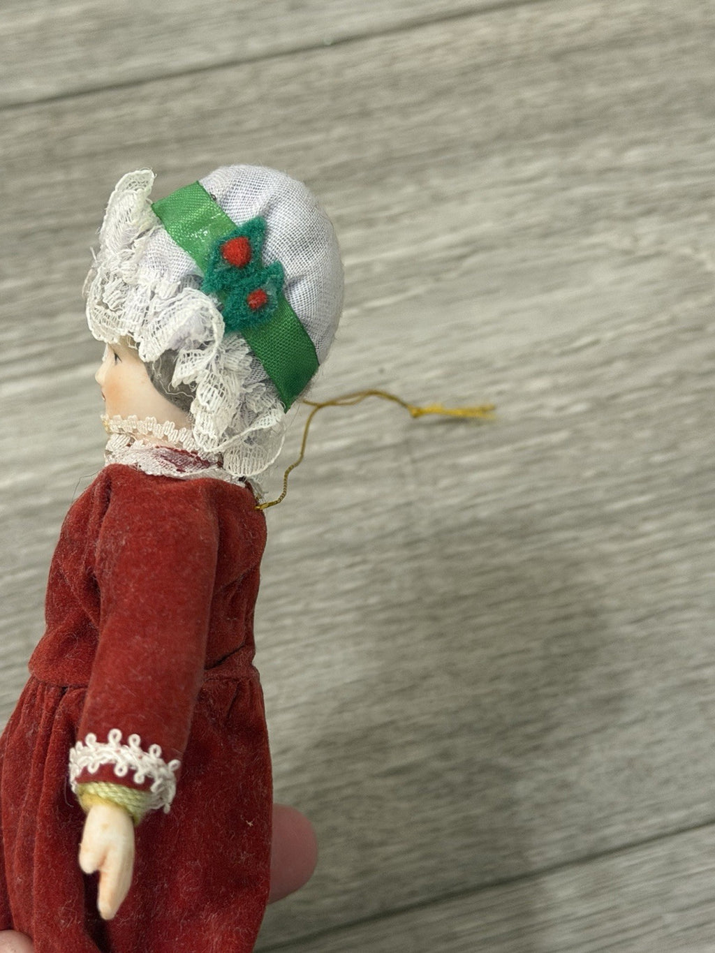 VTG Victorian Style Porcelain Woman Doll Red Velvet Dress/Holly Bonnet Ornament