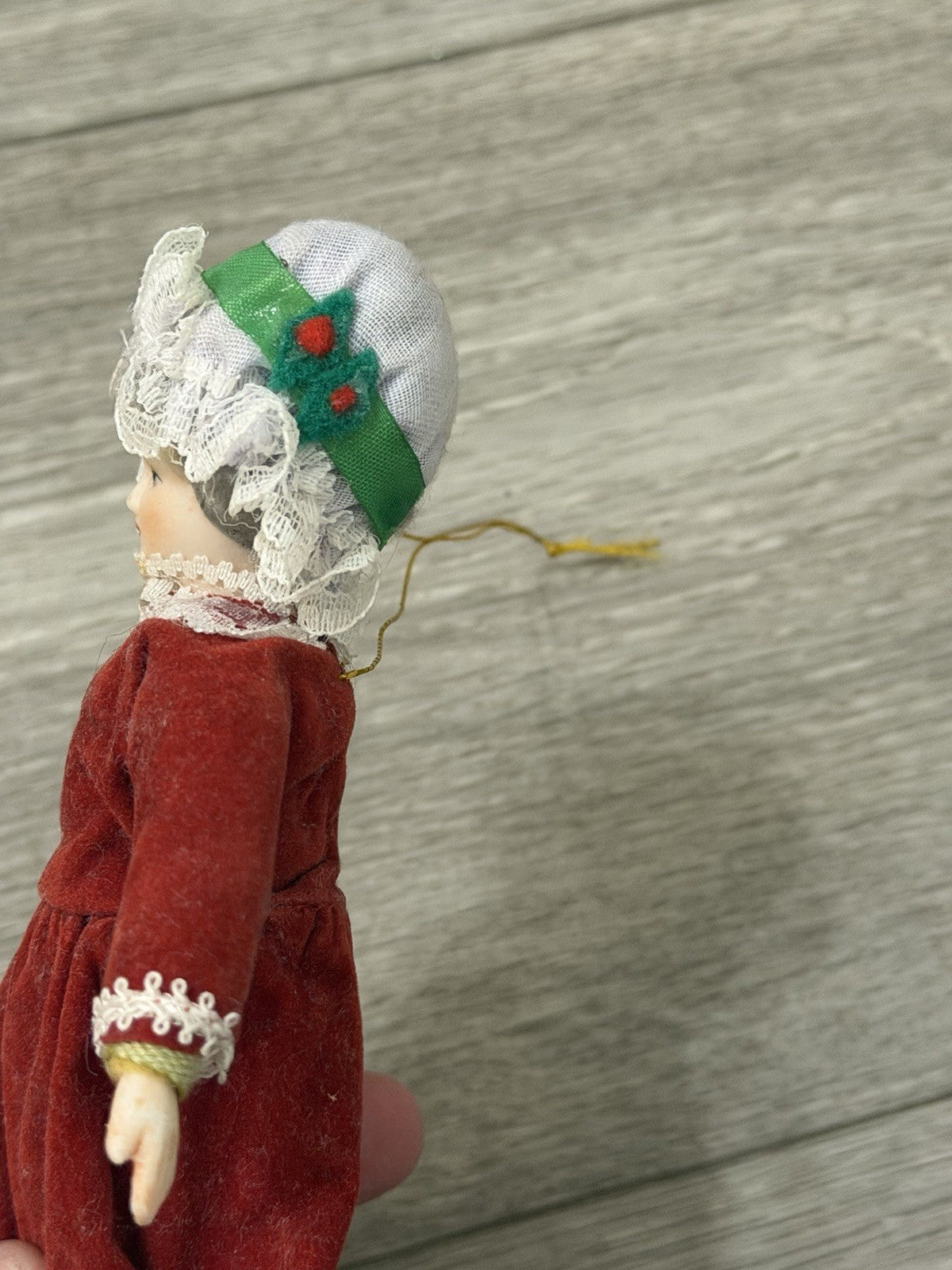 VTG Victorian Style Porcelain Woman Doll Red Velvet Dress/Holly Bonnet Ornament