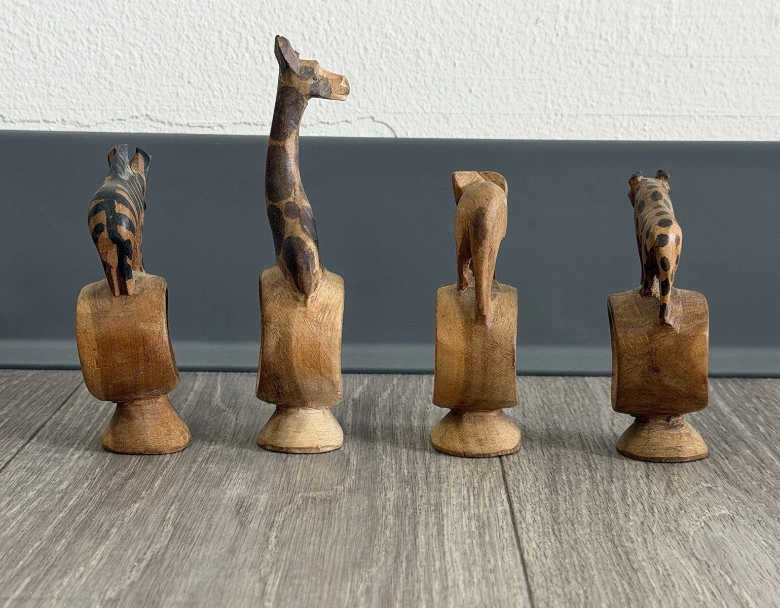 Vintage set of 4 Hand Carved Wooden African Safari Animal Napkin Ring Holders