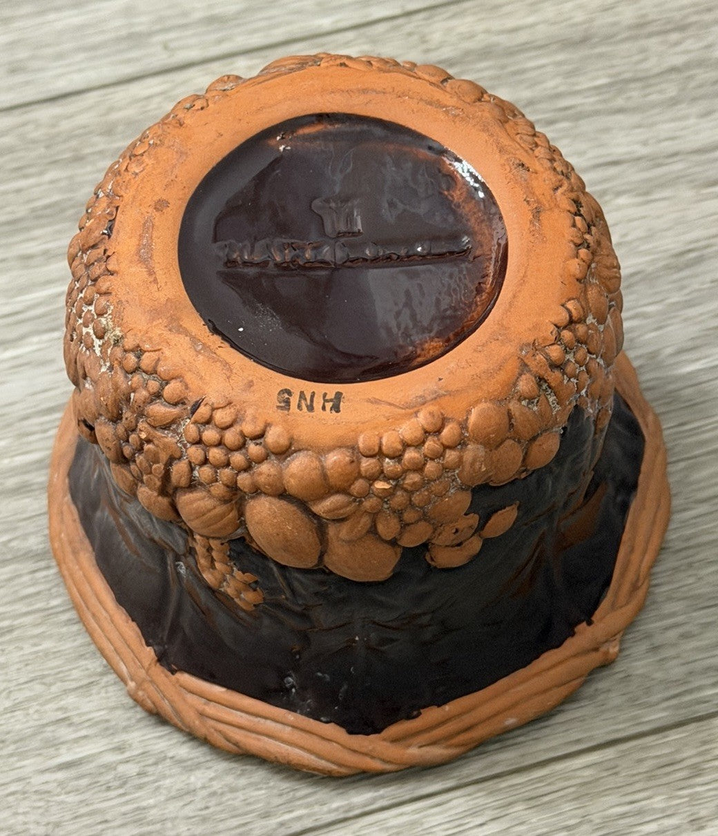 Claire Burke Art Pottery Red Clay Dish Bowl Hand Painted Fruit Grape Design 