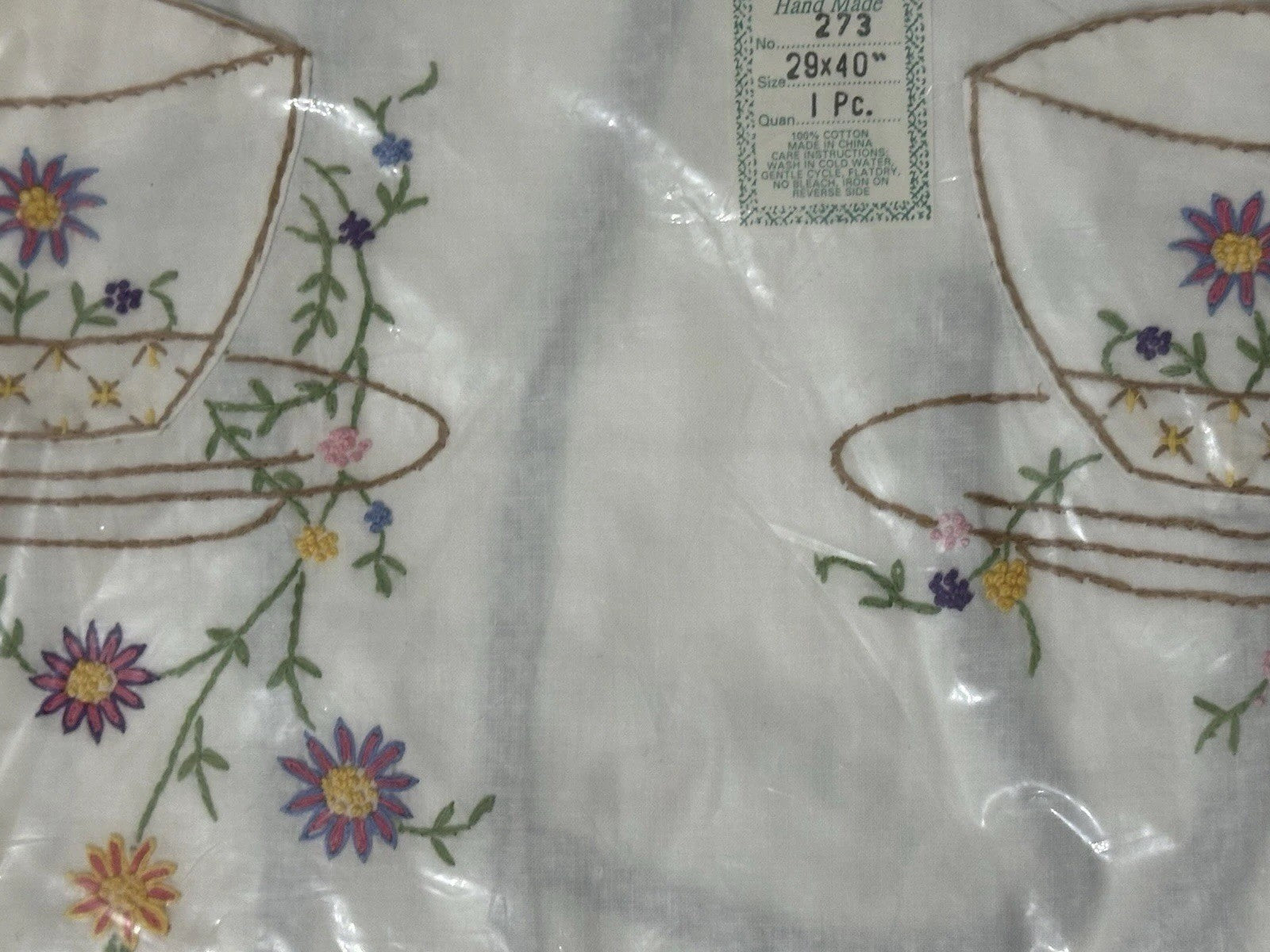 VINTAGE Embroidered Teacup Pockets Apron Handmade  No Bib 29 X 40” FLORAL - NIP