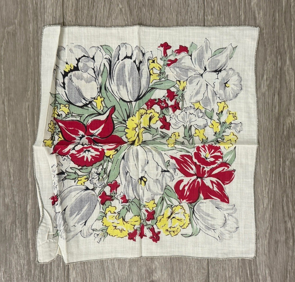 Womens Vintage Boho Floral Easter Spring Flowers Hankie, Handkerchief 11.5 X 11”
