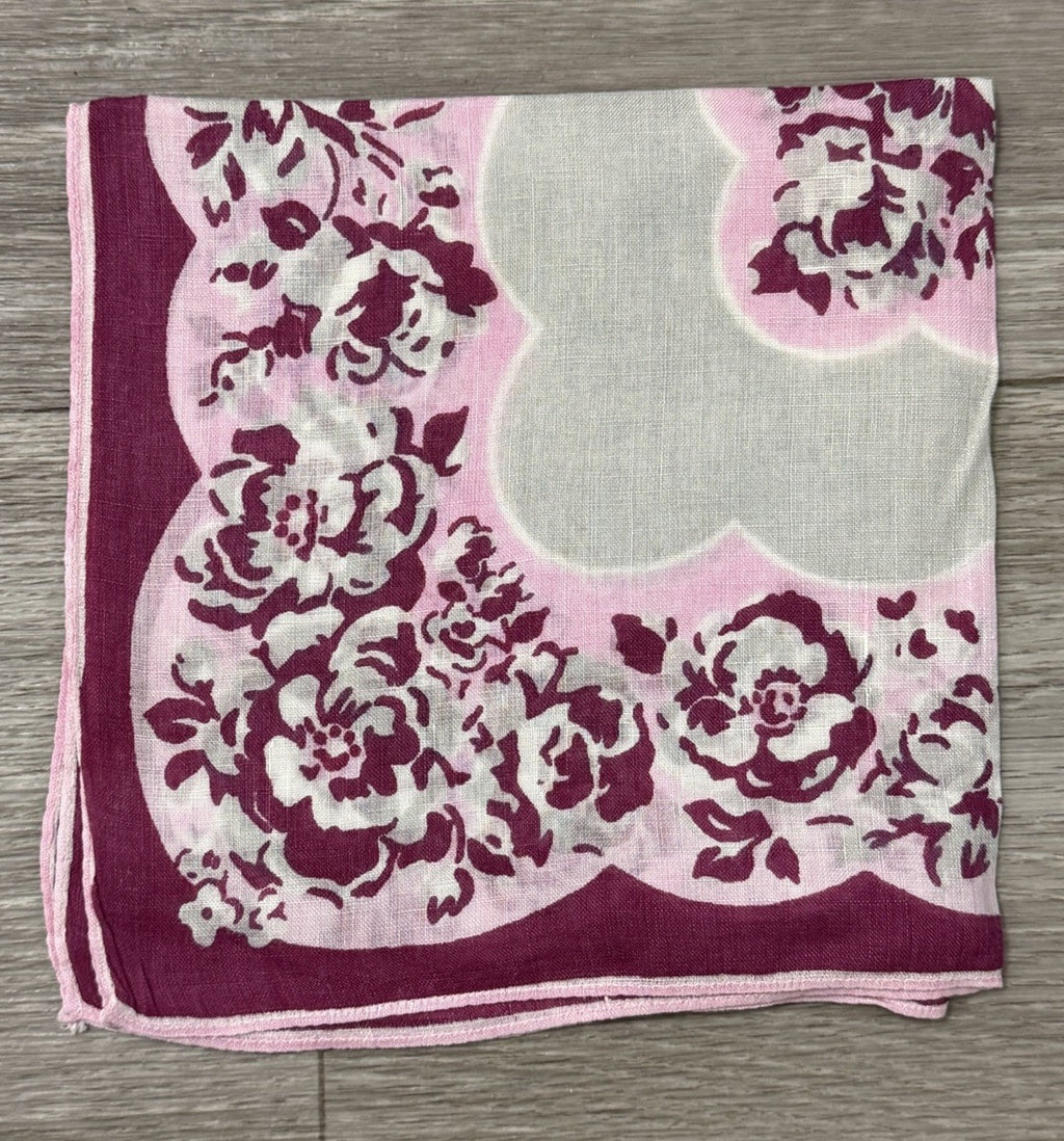 Beautiful Pink, Maroon & White Vtg. Wedding Handkerchief With Floral Roses 11”