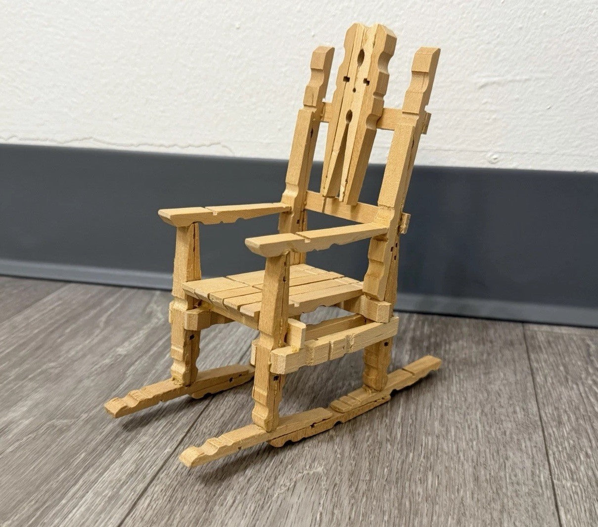 Vintage Folk Art Wooden Clothespin Handmade Doll Rocking Chair Rustic Farmhouse