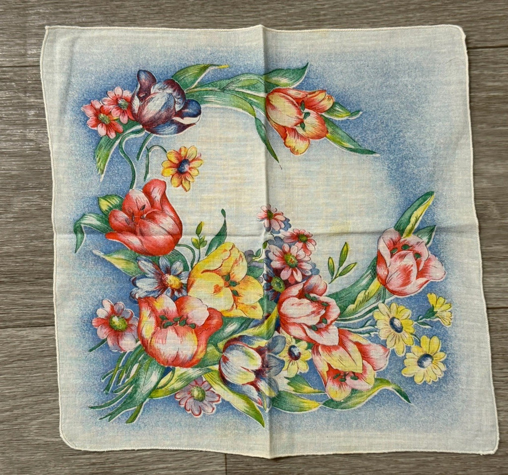 Vintage Beautiful Flowers Spring Easter Handkerchief 10.5” Square