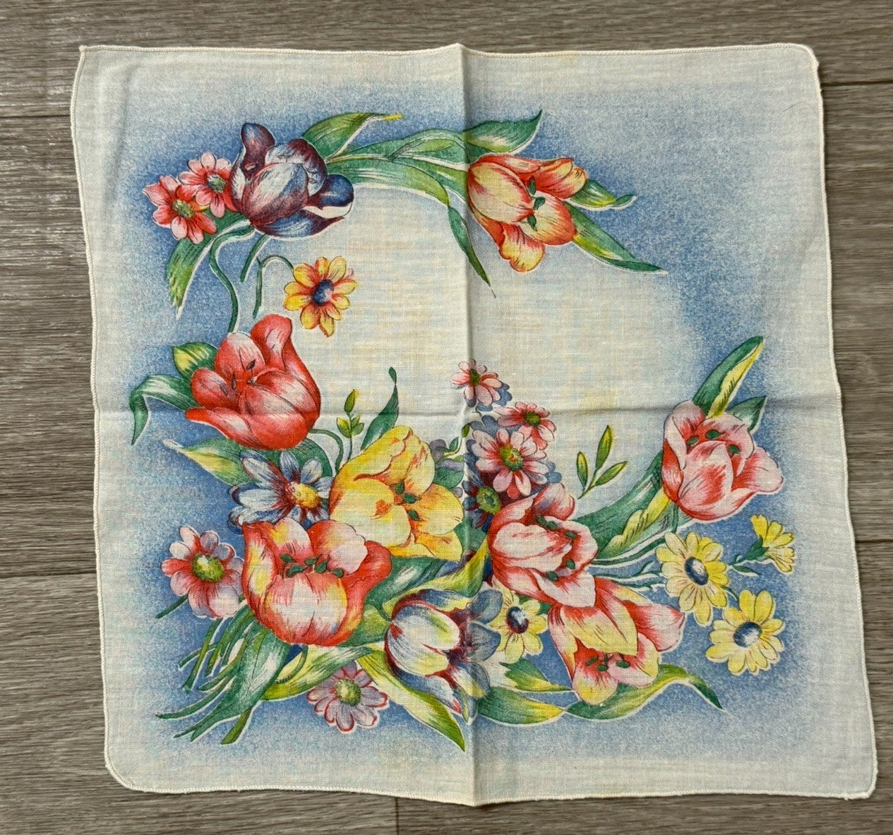 Vintage Beautiful Flowers Spring Easter Handkerchief 10.5” Square