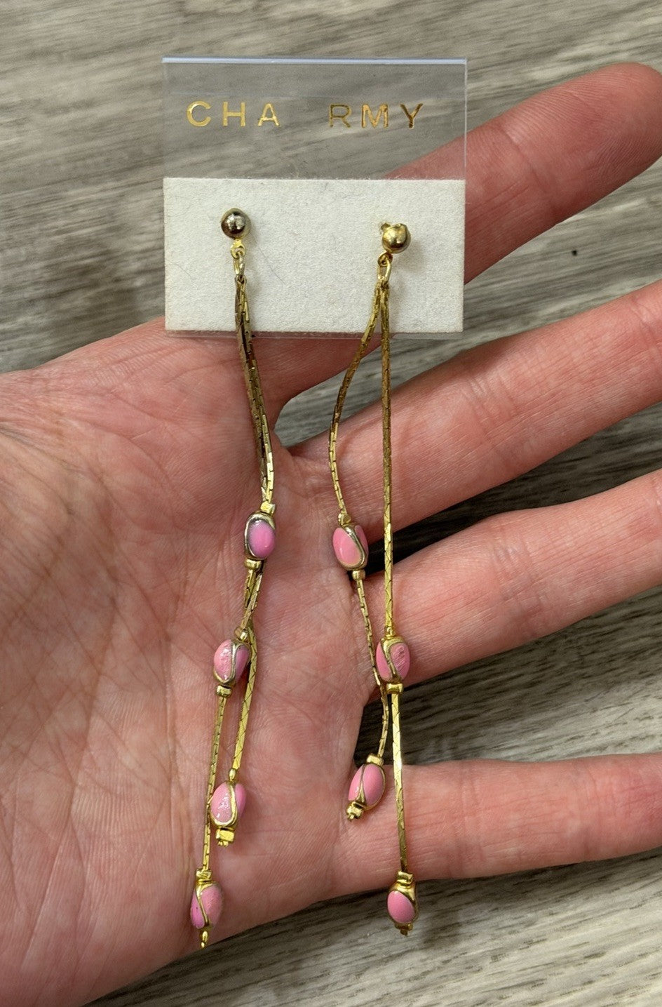 Beaded Drop Dangle Earrings Pink Gold Tone Metal Accent Chains Vintage Fashion