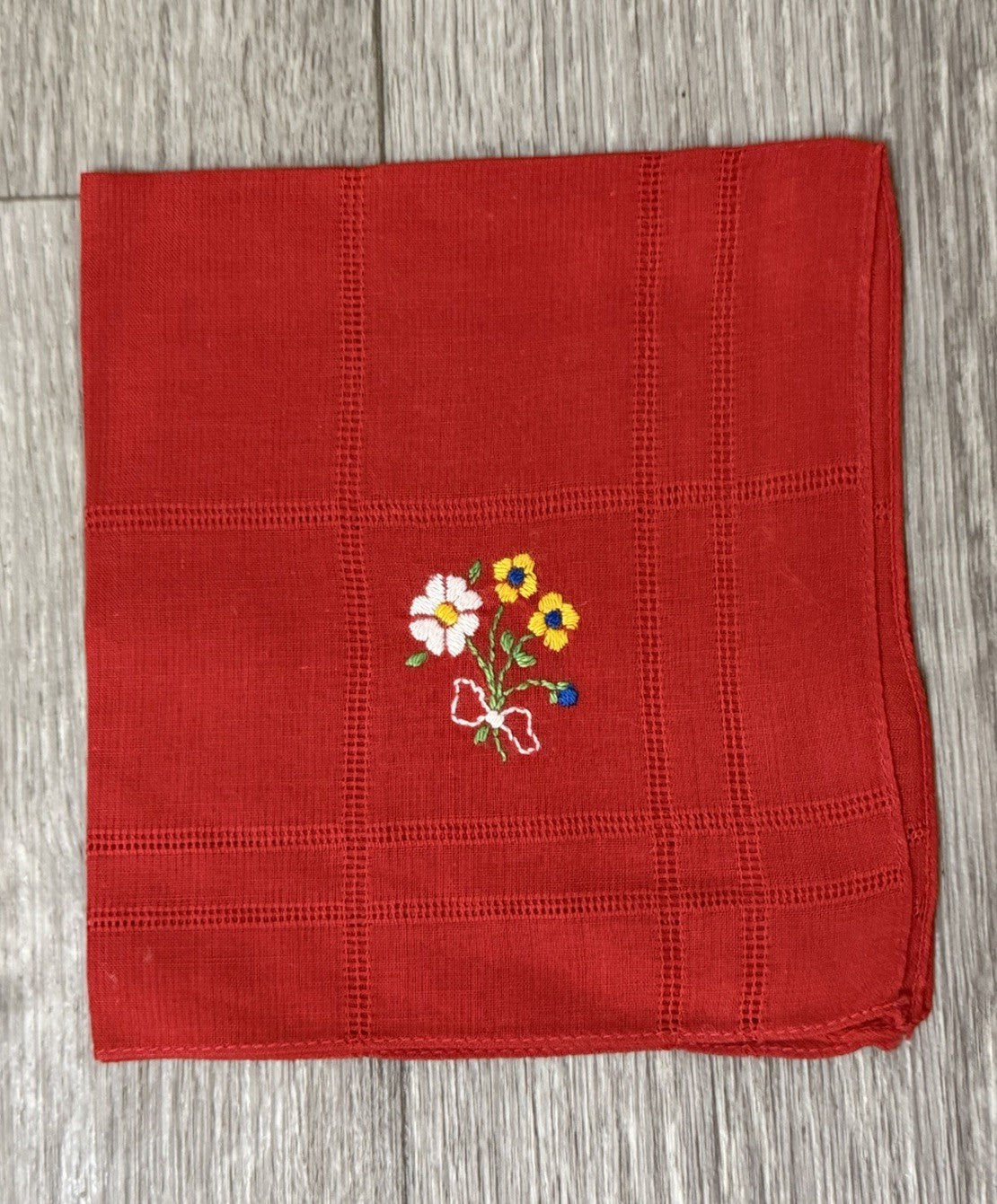 Vintage Bright Red Handkerchief Hanky With Embroidered Flowers Floral For Women