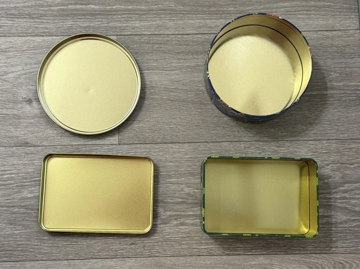 2 Christmas Tins Rnd & Rectangle 6” Diameter & 6.5”x 4.25” Used Great Condition