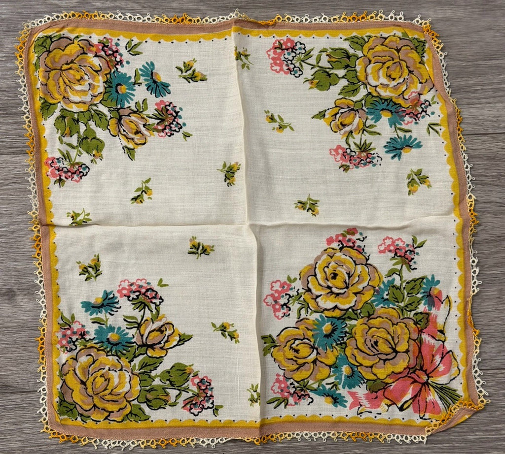 Vintage Yellow Roses & Blue Daisies Flowers Floral Wedding Handkerchief 12” Sq.