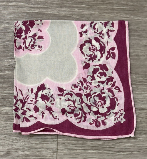 Beautiful Pink, Maroon & White Vtg. Wedding Handkerchief With Floral Roses 11”
