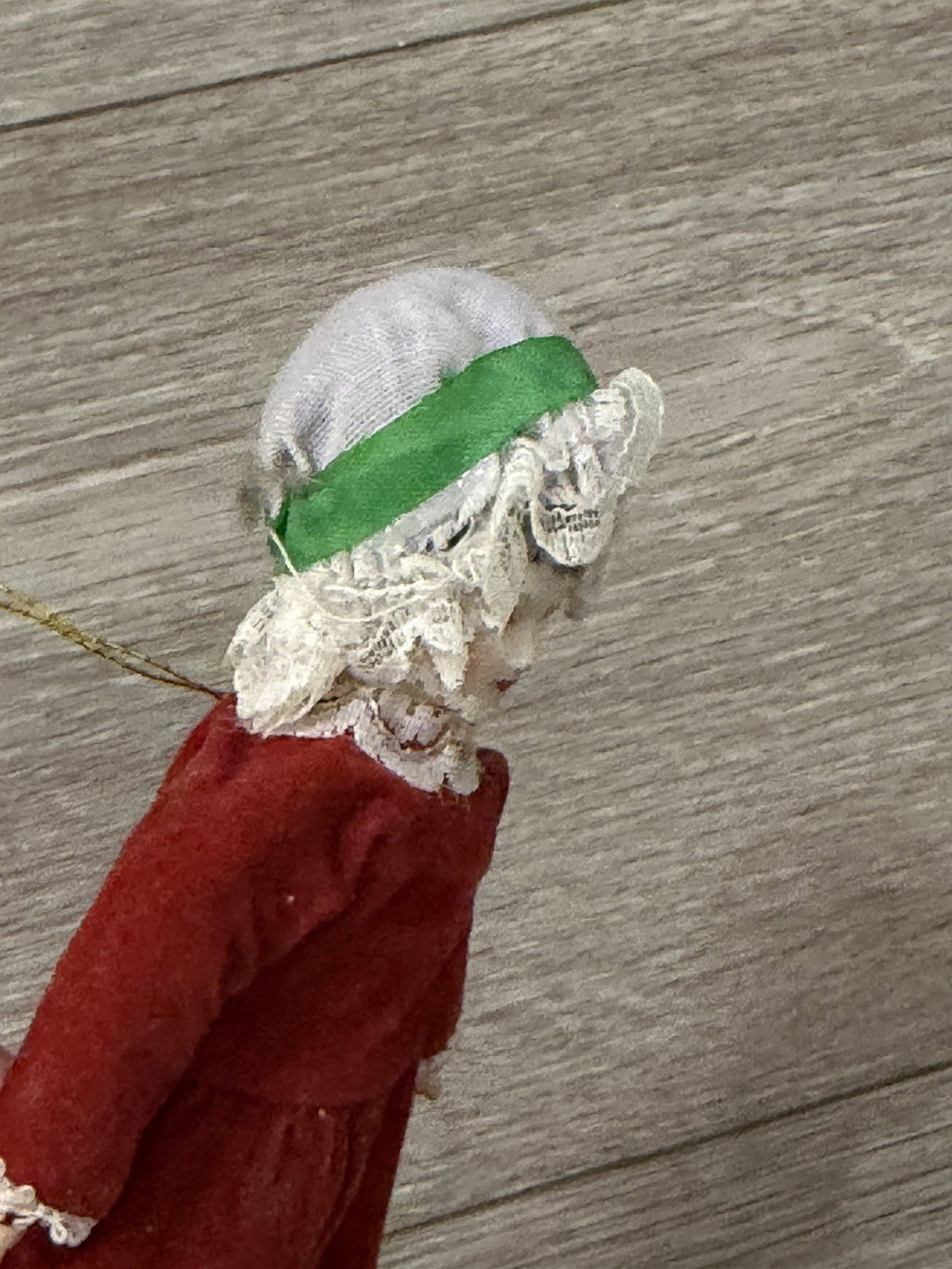 VTG Victorian Style Porcelain Woman Doll Red Velvet Dress/Holly Bonnet Ornament