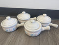Vintage French Onion Soup Crock Bowl W/ Lid & Handle Blue Pink Flowers Set Of 4