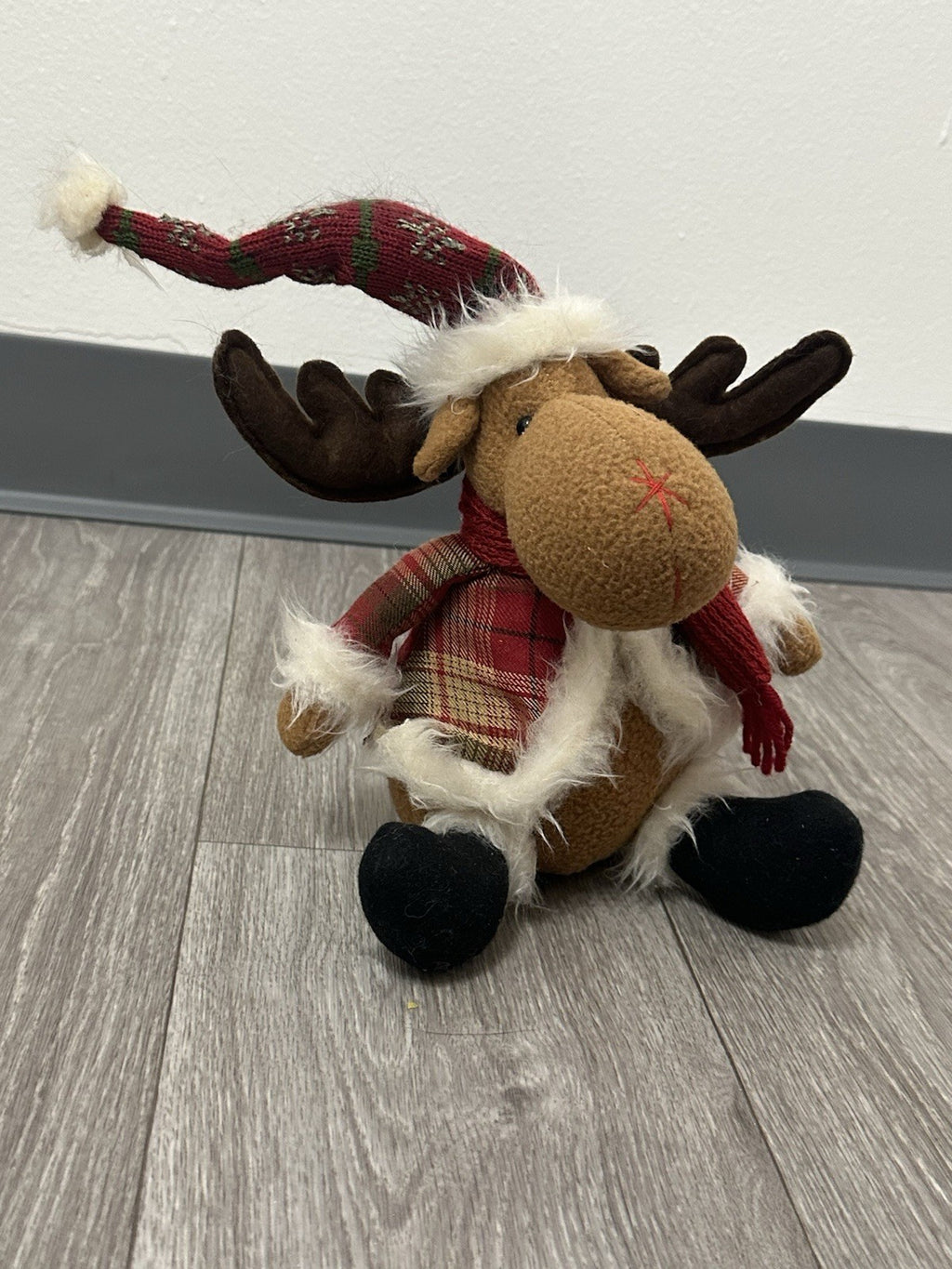 Vintage Reindeer Plush Toy with Red Scarf - Cute Stuffed Christmas Animal