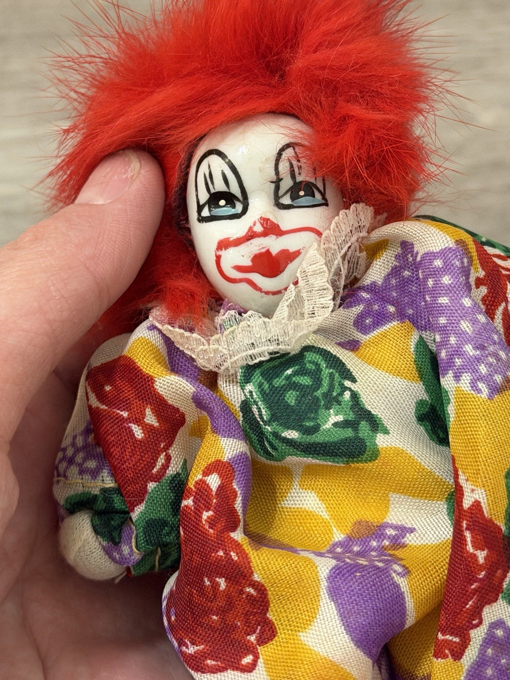 Vintage Imperial Porcelain Face Clown Doll 5” Plush Toy With Wild Red Hair