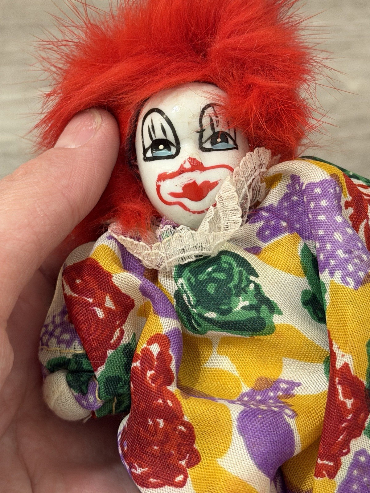 Vintage Imperial Porcelain Face Clown Doll 5” Plush Toy With Wild Red Hair