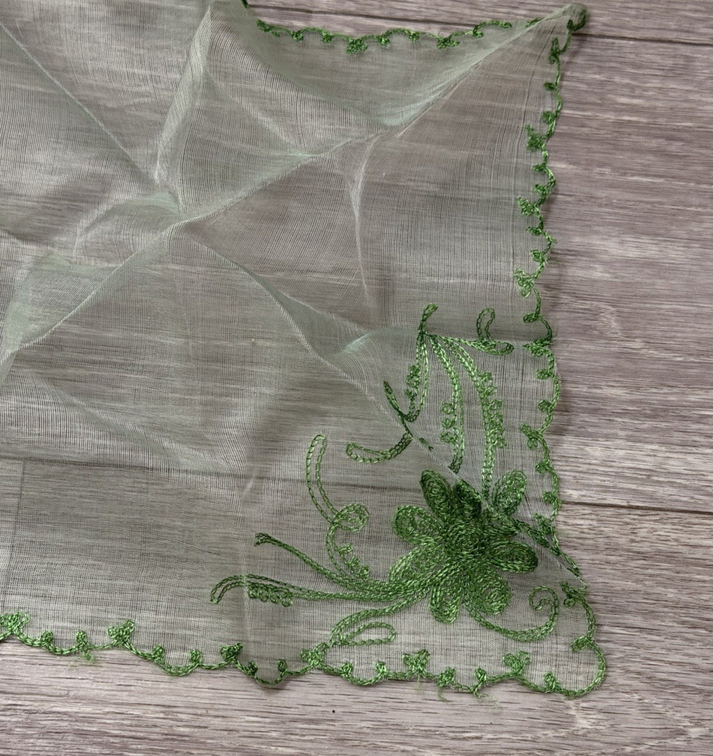 Vintage Green Needle Run Lace Hanky Handkerchief Floral