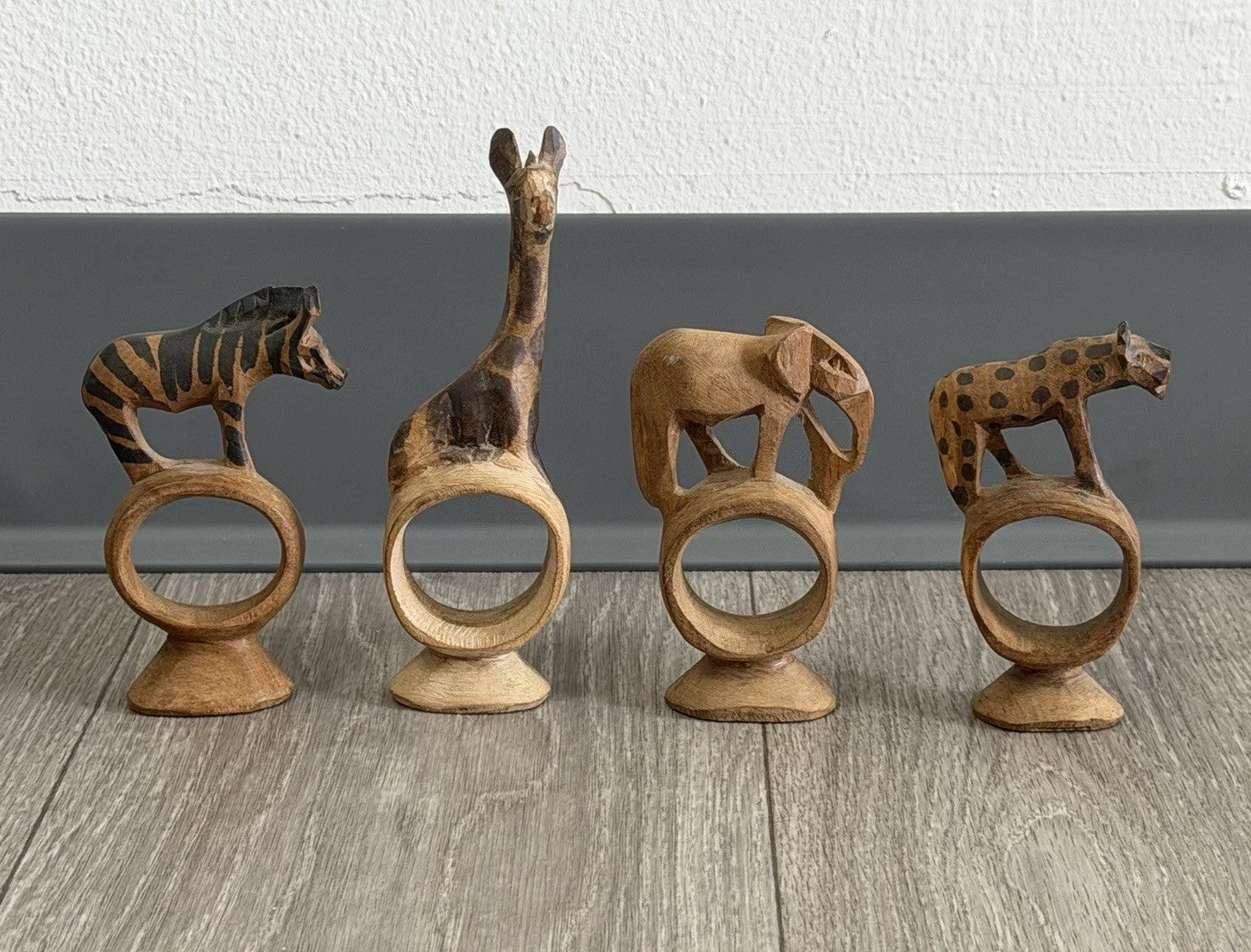 Vintage set of 4 Hand Carved Wooden African Safari Animal Napkin Ring Holders