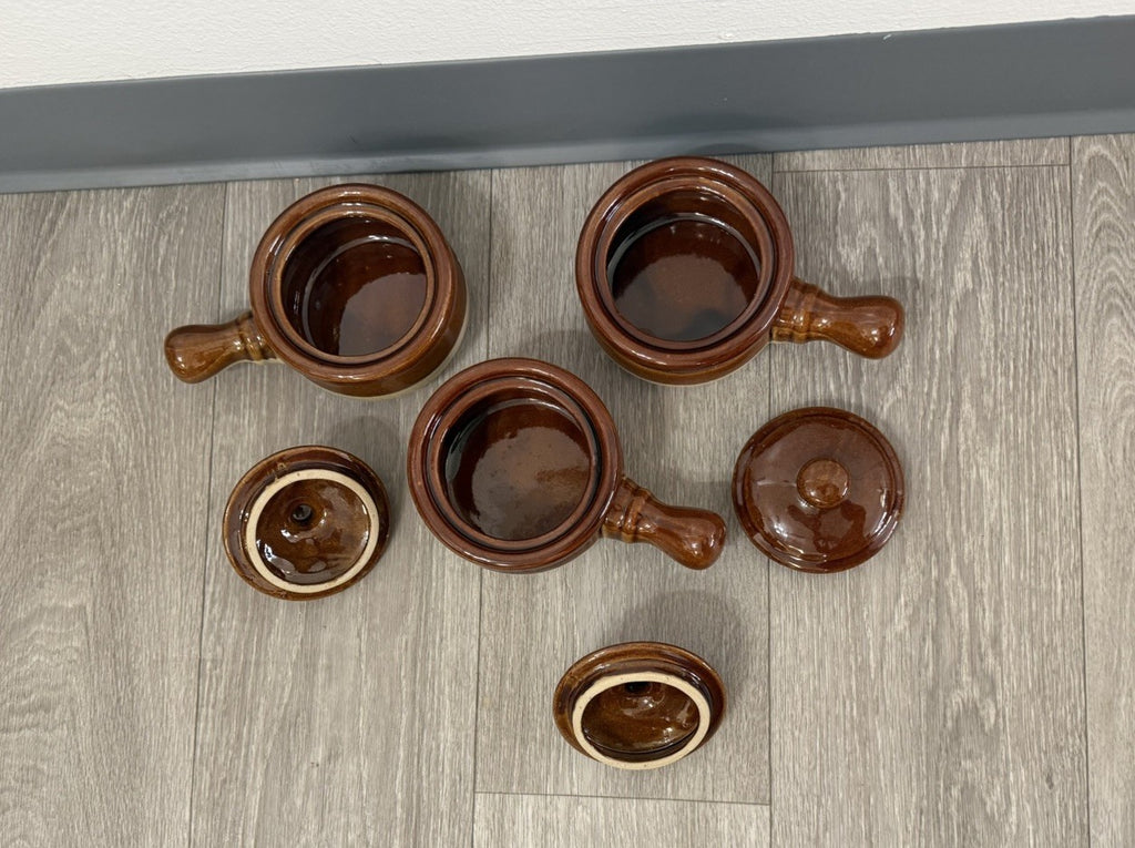 French Onion Crocks with Handle Stoneware with Lids/ Onion Soup Crocks/ Set of 3