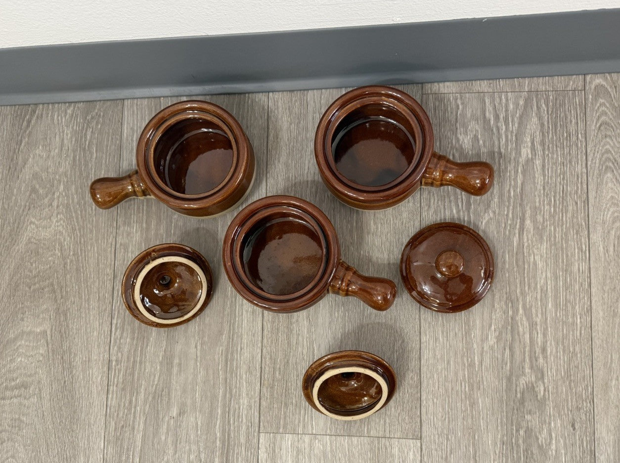 French Onion Crocks with Handle Stoneware with Lids/ Onion Soup Crocks/ Set of 3
