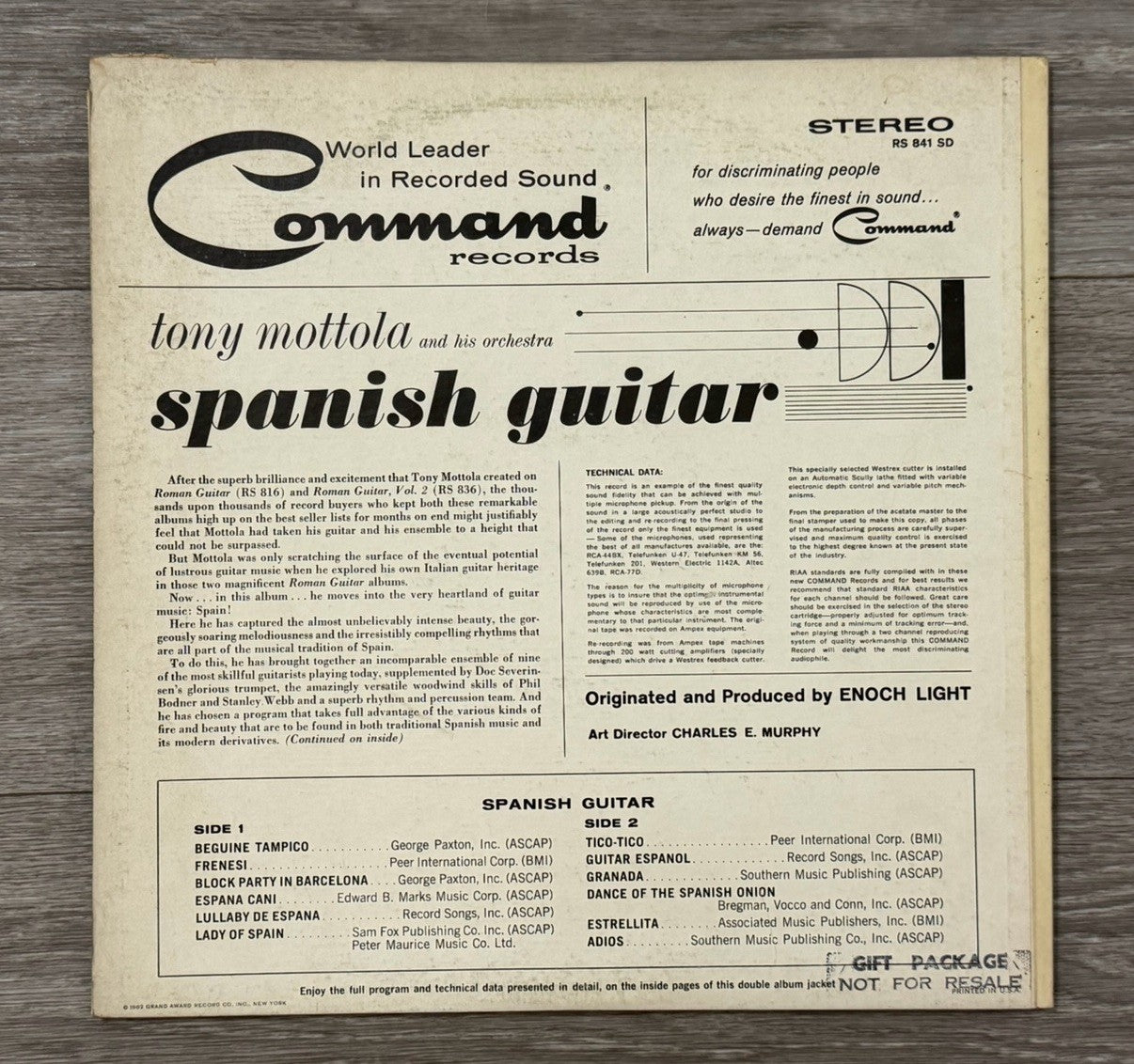 1962 Tony Mottola And His Orchestra Spanish Guitar Vinyl LP Record Gatefold