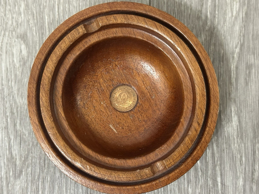 Republic De Honduras Vintage Hand Carved Wood Coin Ashtray 