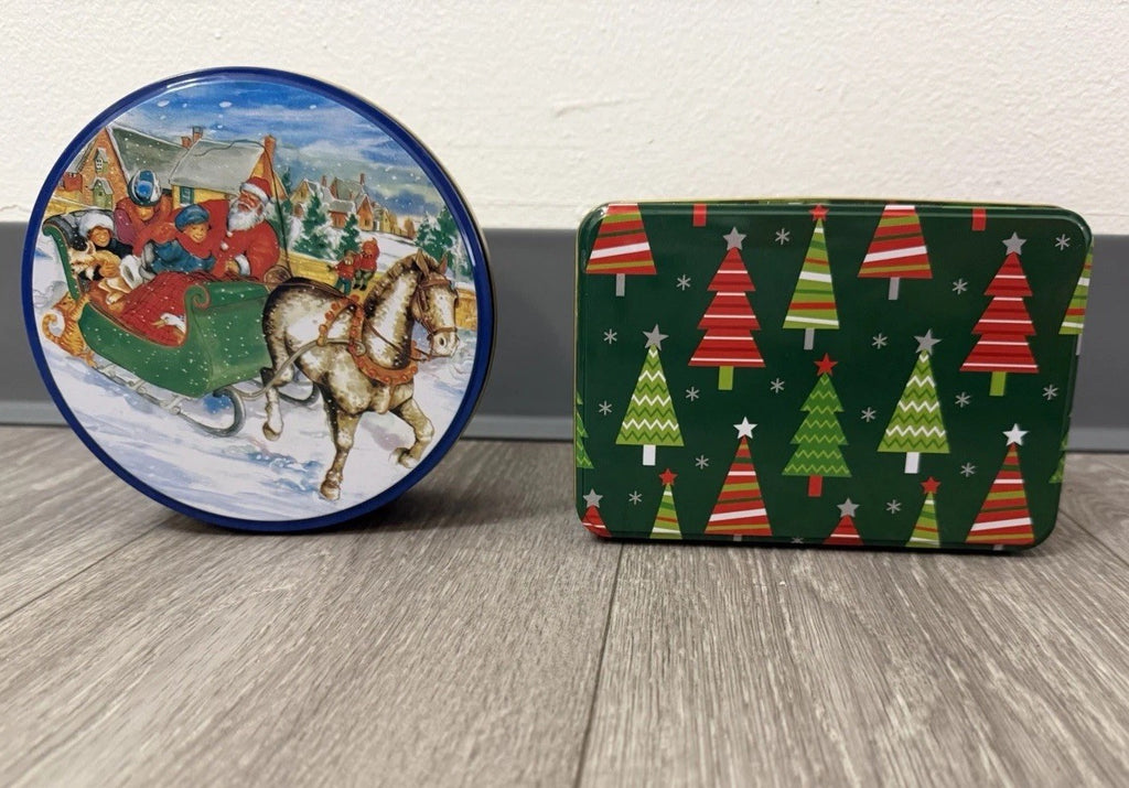 2 Christmas Tins Rnd & Rectangle 6” Diameter & 6.5”x 4.25” Used Great Condition