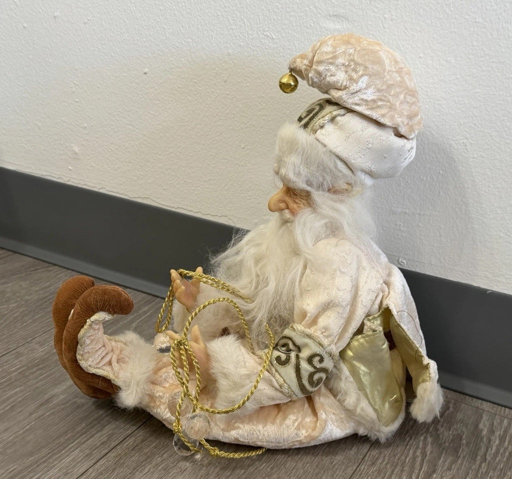 Gold & White Shelf / Mantle Sitter Santa Christmas Elf Glass Eyes Whimsical 22”