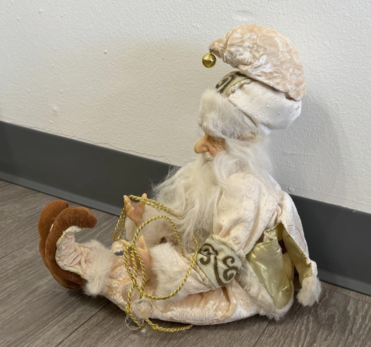 Gold & White Shelf / Mantle Sitter Santa Christmas Elf Glass Eyes Whimsical 22”
