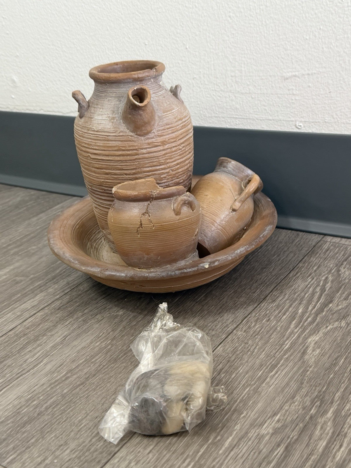 Tabletop Water Fountain Rustic Faux Pottery Sculpture– Folk Art Decor