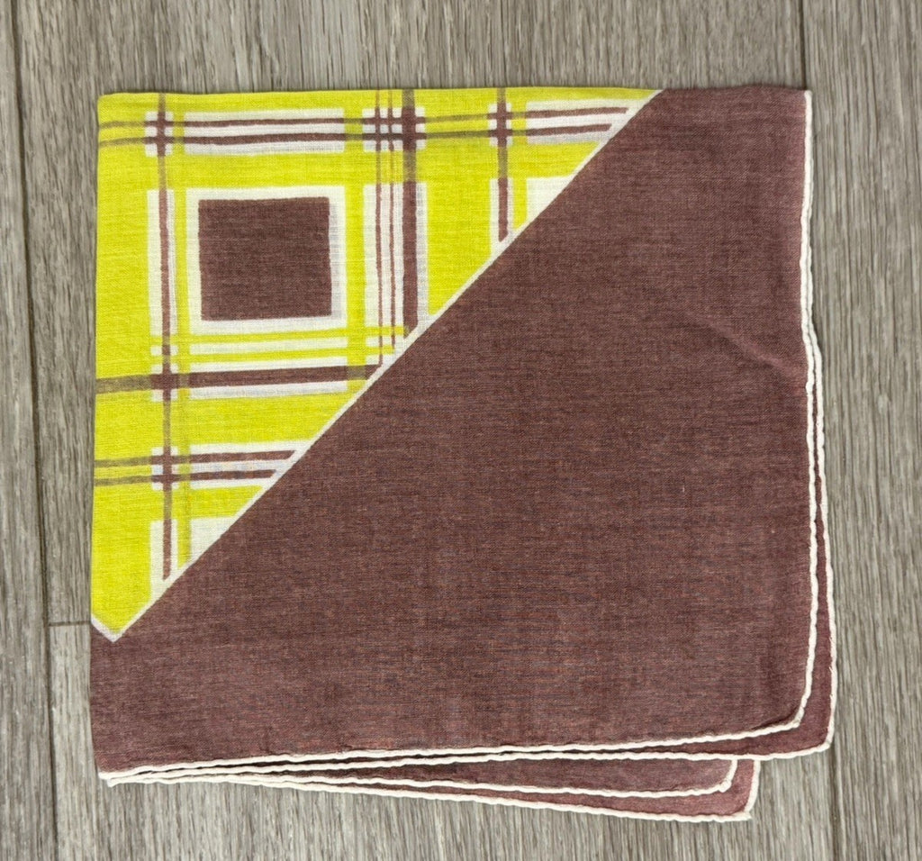 Vintage 1960s Mod Handkerchief W/ Geometric Pattern Bright Green & Brown Hanky