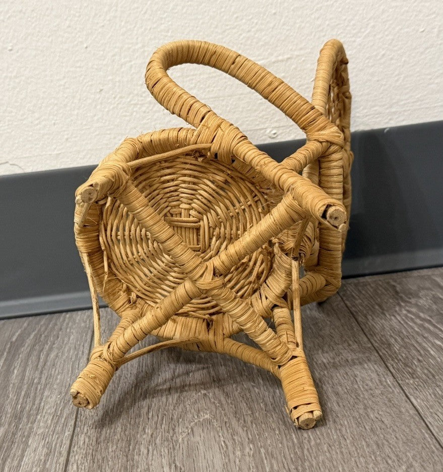 Vintage Cute Heart Wicker Doll, Bear Plush, Chair 9.5" Tall