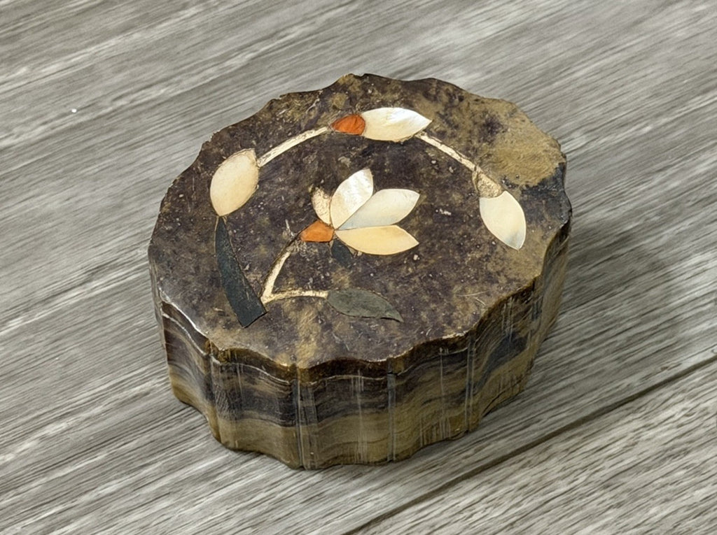 Vintage Stone Trinket Box Abalone Inlay Made In India 3” X 2.25” X 1.5” Tall