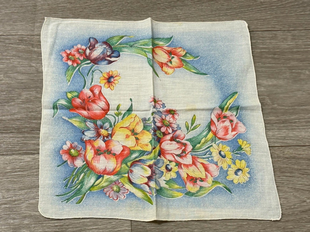 Vintage Beautiful Flowers Spring Easter Handkerchief 10.5” Square