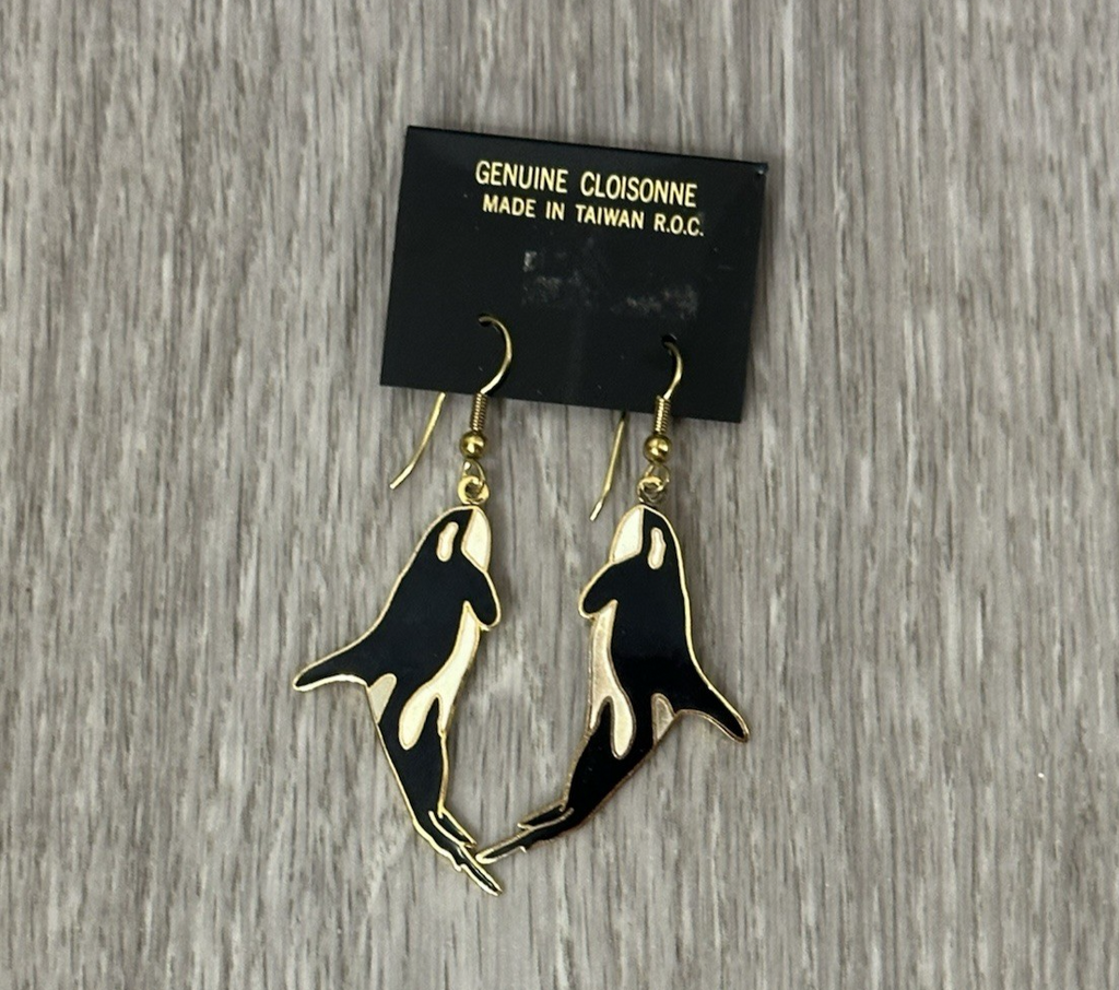 Vtg Goldtone Enamel Dolphin Drop Dangle Pierced Earrings 1.5"
