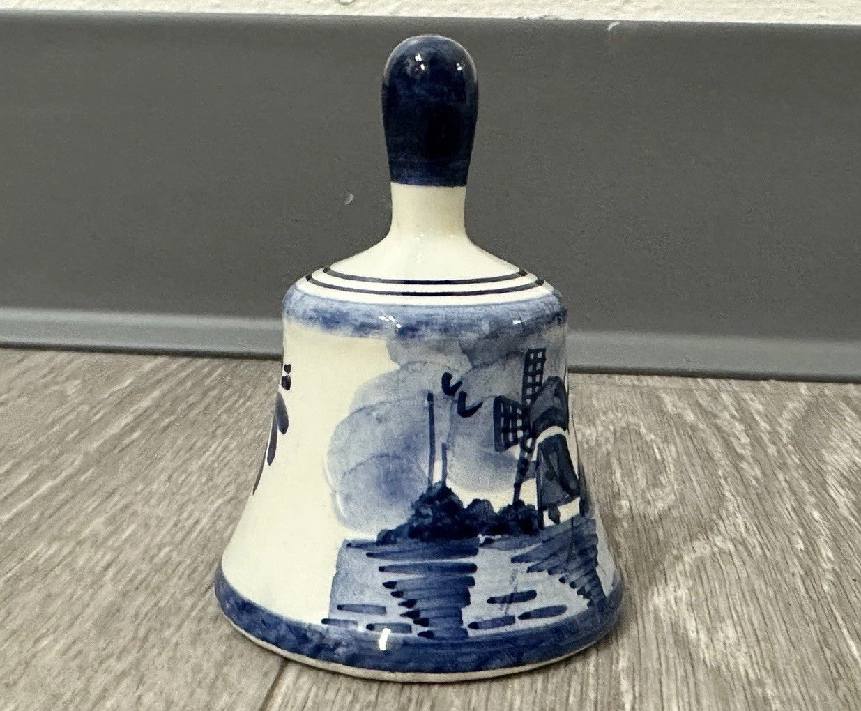 Vintage DELFTt Holland Blue and White Hand-Painted Windmill Leaf Bell 3”