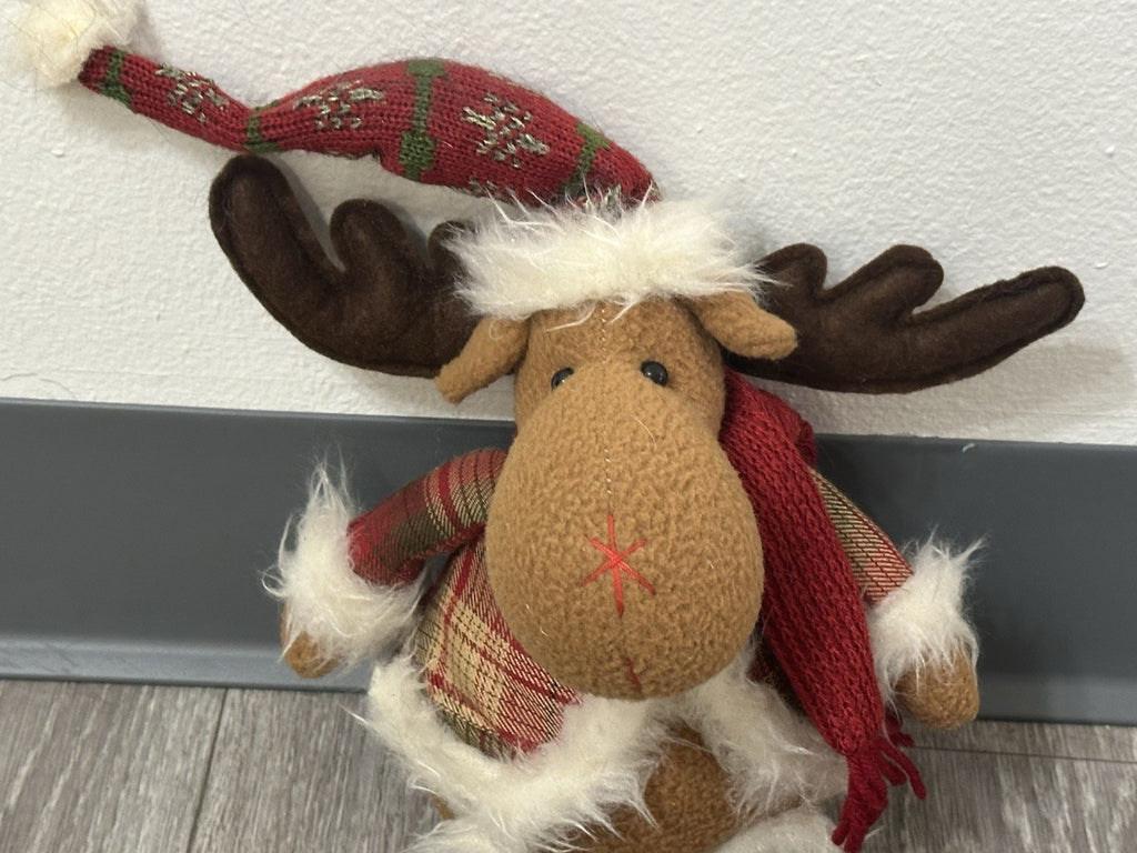 Vintage Reindeer Plush Toy with Red Scarf - Cute Stuffed Christmas Animal