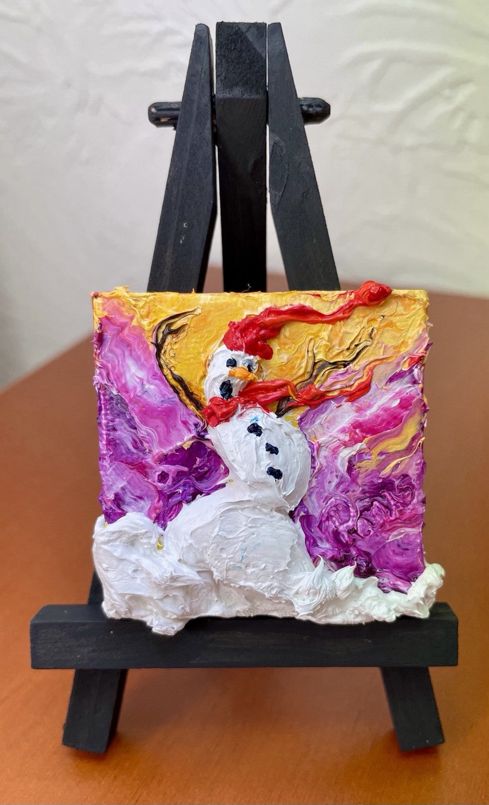‘Blown Away’ Snowman New mini oil painting original By Paris Wyatt Llanso 2x2”