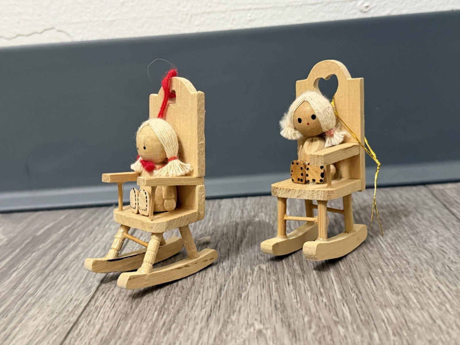 Vintage Set Of 2 Wooden Dolls Yarn Hair Girl Rocking Chair Ornaments One Broken