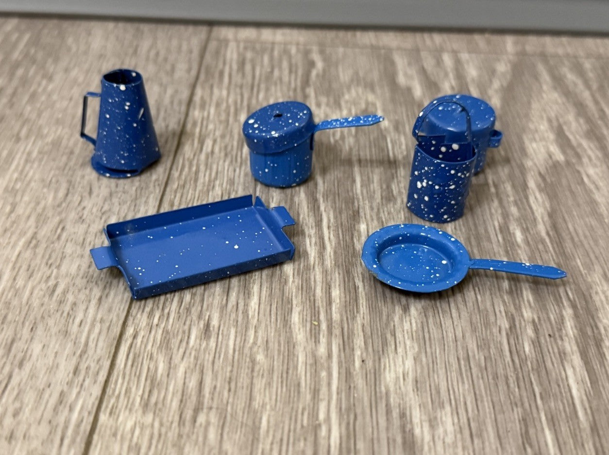 Vtg Mini Mismatched Dollhouse Blue Speckled Enamelware Pots Pans Lids Tray 8 Pcs
