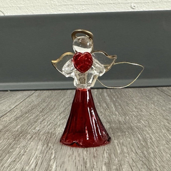 Blown Glass Angel Ornament With Red Heart & Gold Trimmed Wings 2.5"