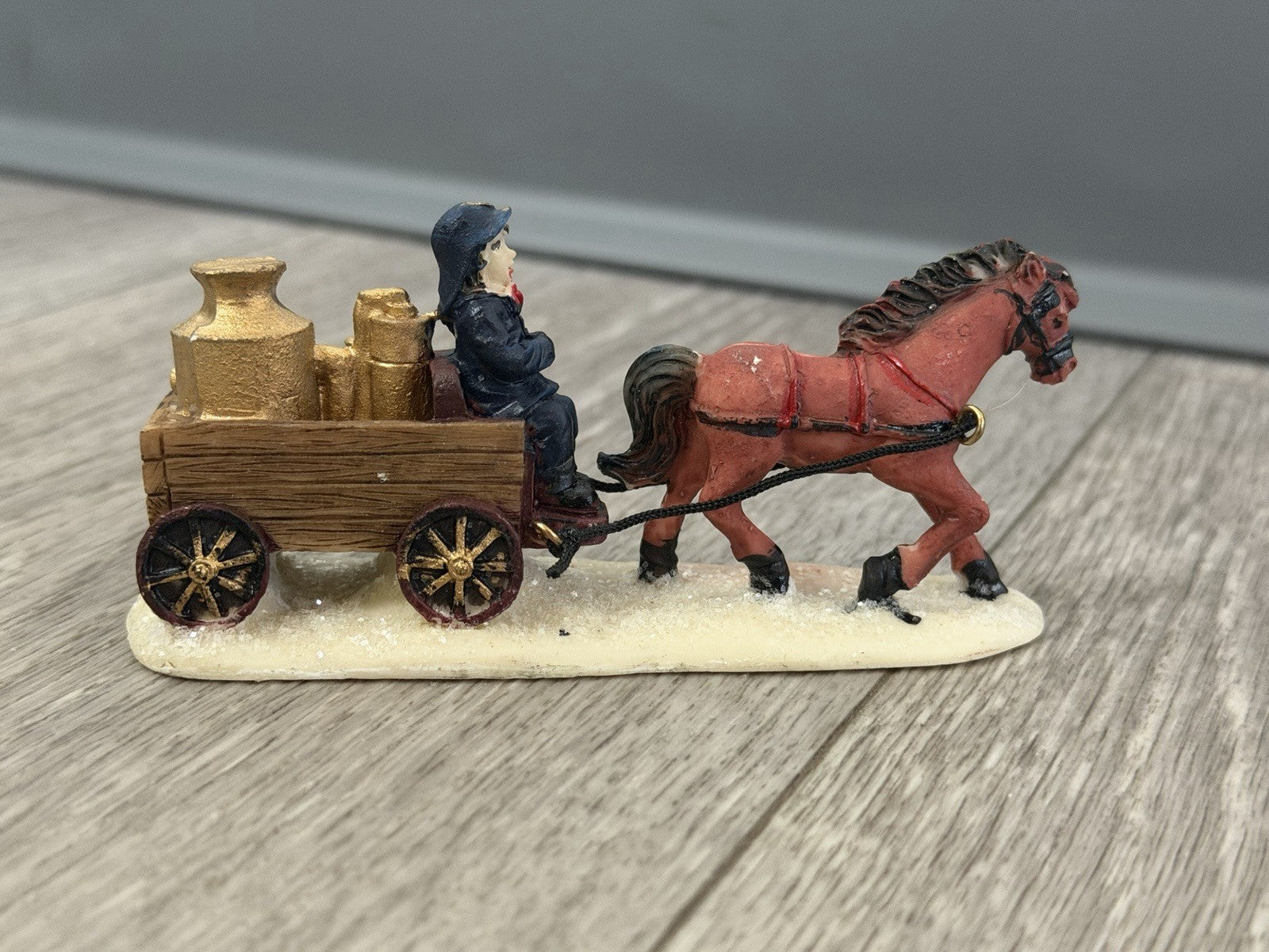 Horse-Drawn Fire Pumper Wagon w/ Firefighter, Vintage Christmas Village Figurine