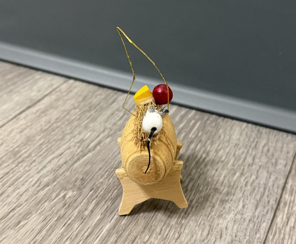 Vintage Wood Barrel Christmas Ornament With Mouse Cheese And Apple