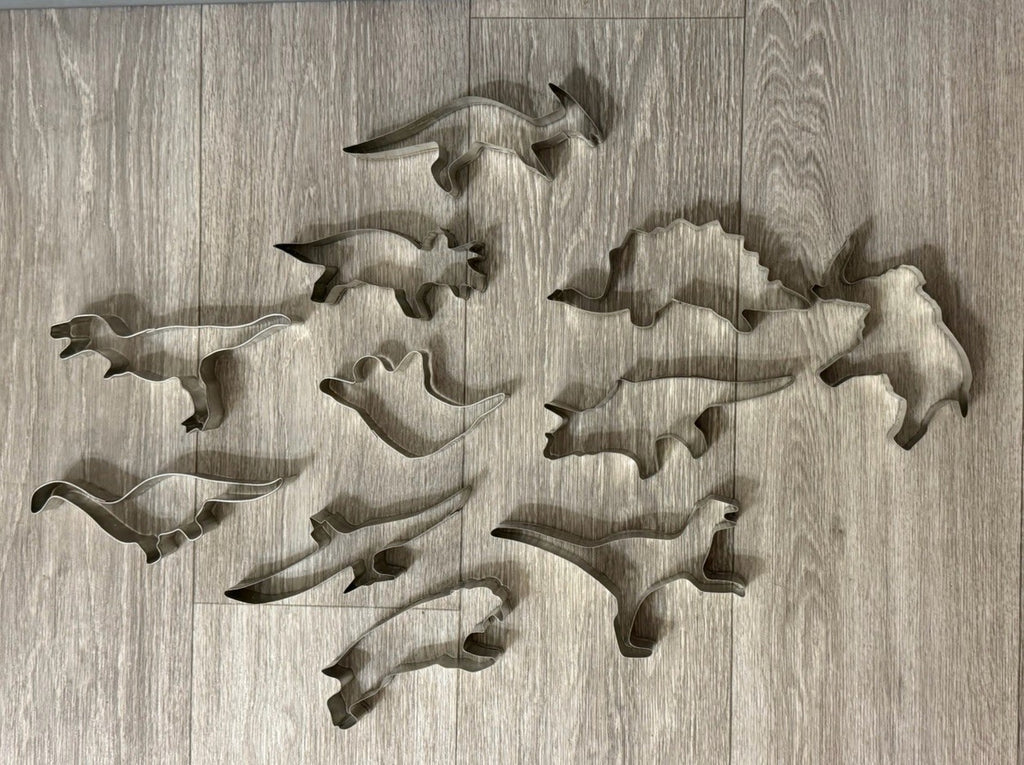 Vintage Cookie Cutters Dinosaur / Prehistoric + 1 Ghost Set of 11 4.5-6" Metal