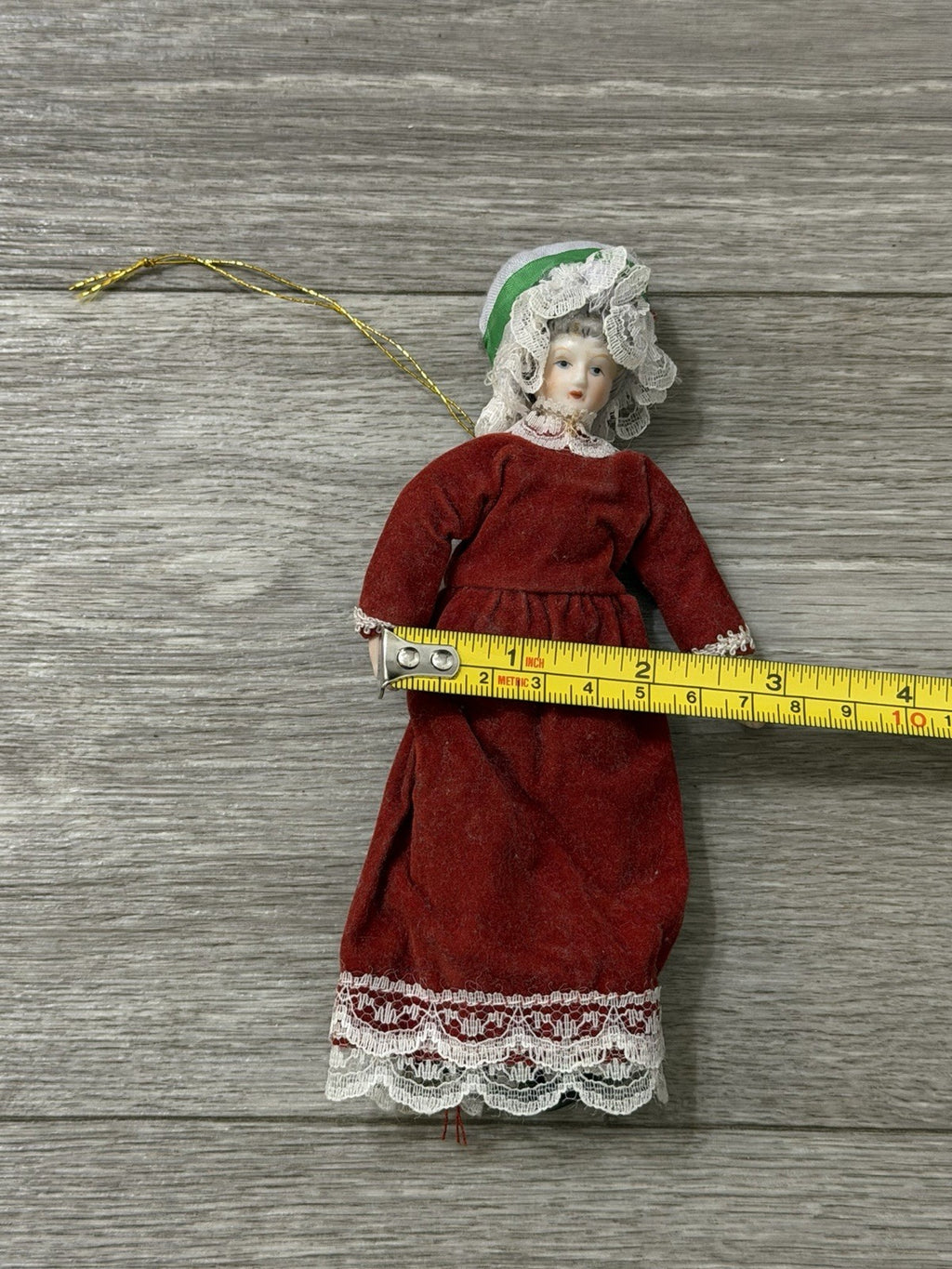 VTG Victorian Style Porcelain Woman Doll Red Velvet Dress/Holly Bonnet Ornament