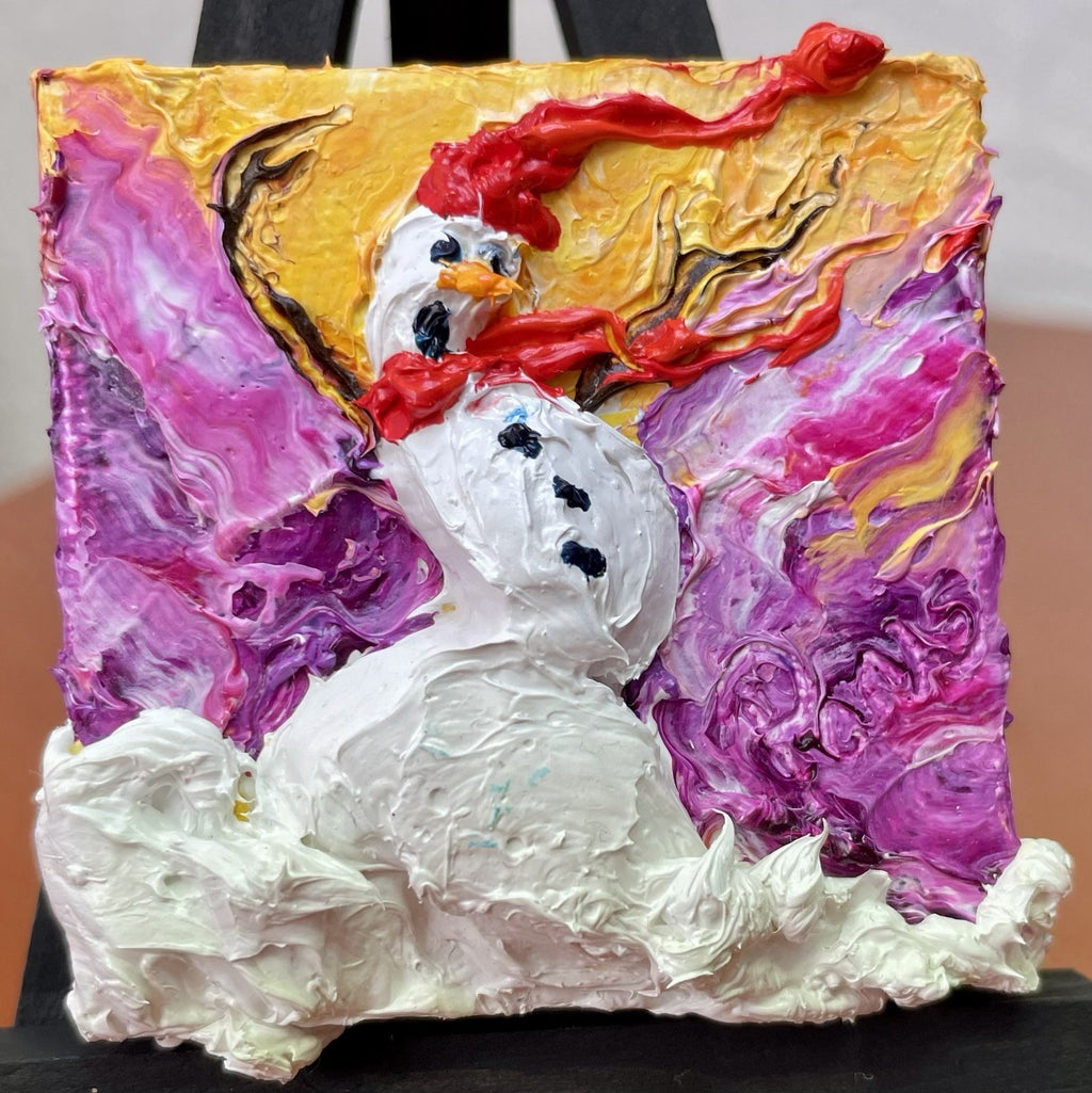 ‘Blown Away’ Snowman New mini oil painting original By Paris Wyatt Llanso 2x2”