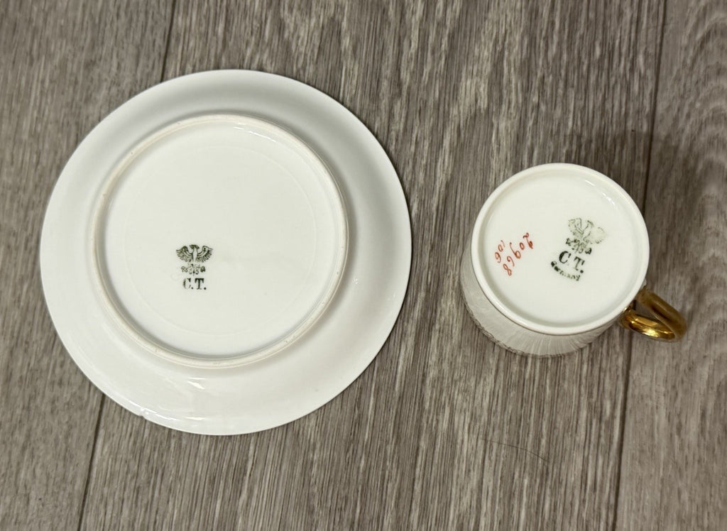 Small Size Antique CT Altwasser Germany Porcelain Tea Cup & Saucer Set Gold Trim