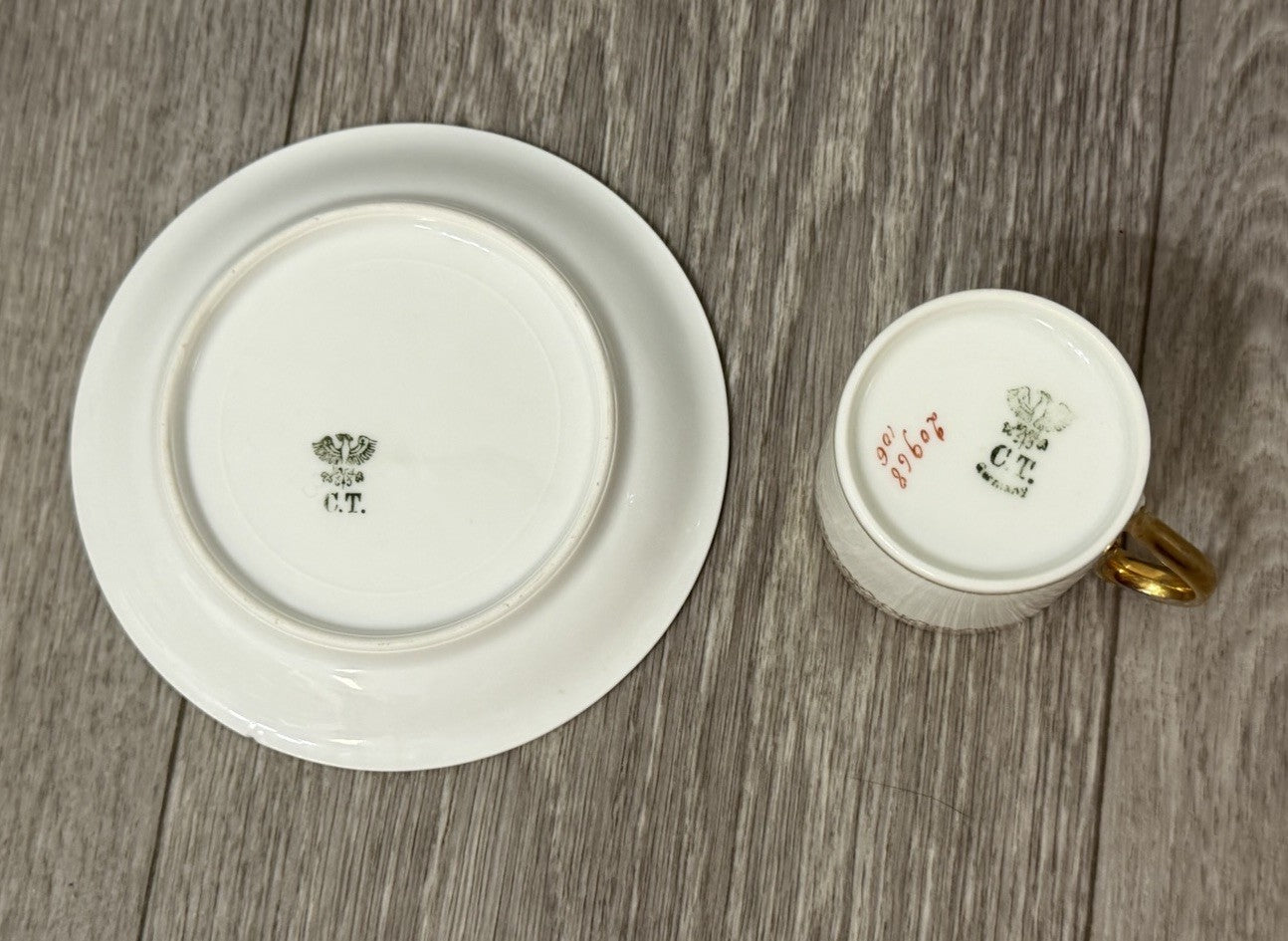 Small Size Antique CT Altwasser Germany Porcelain Tea Cup & Saucer Set Gold Trim